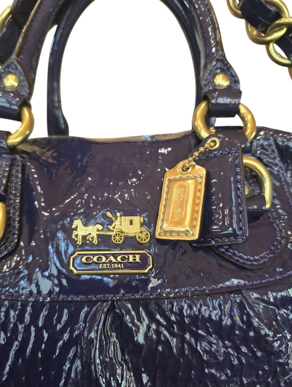 Coach Madison Sabrina Deep Plum Purple Crinkled Patent Leather Satchel - Picture 10 of 16